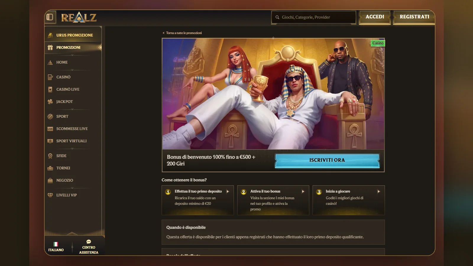 Scheda del bonus di benvenuto casinò sul sito di Realz, con il pulsante Iscriviti ora e i passi: deposito, attivazione, gioco