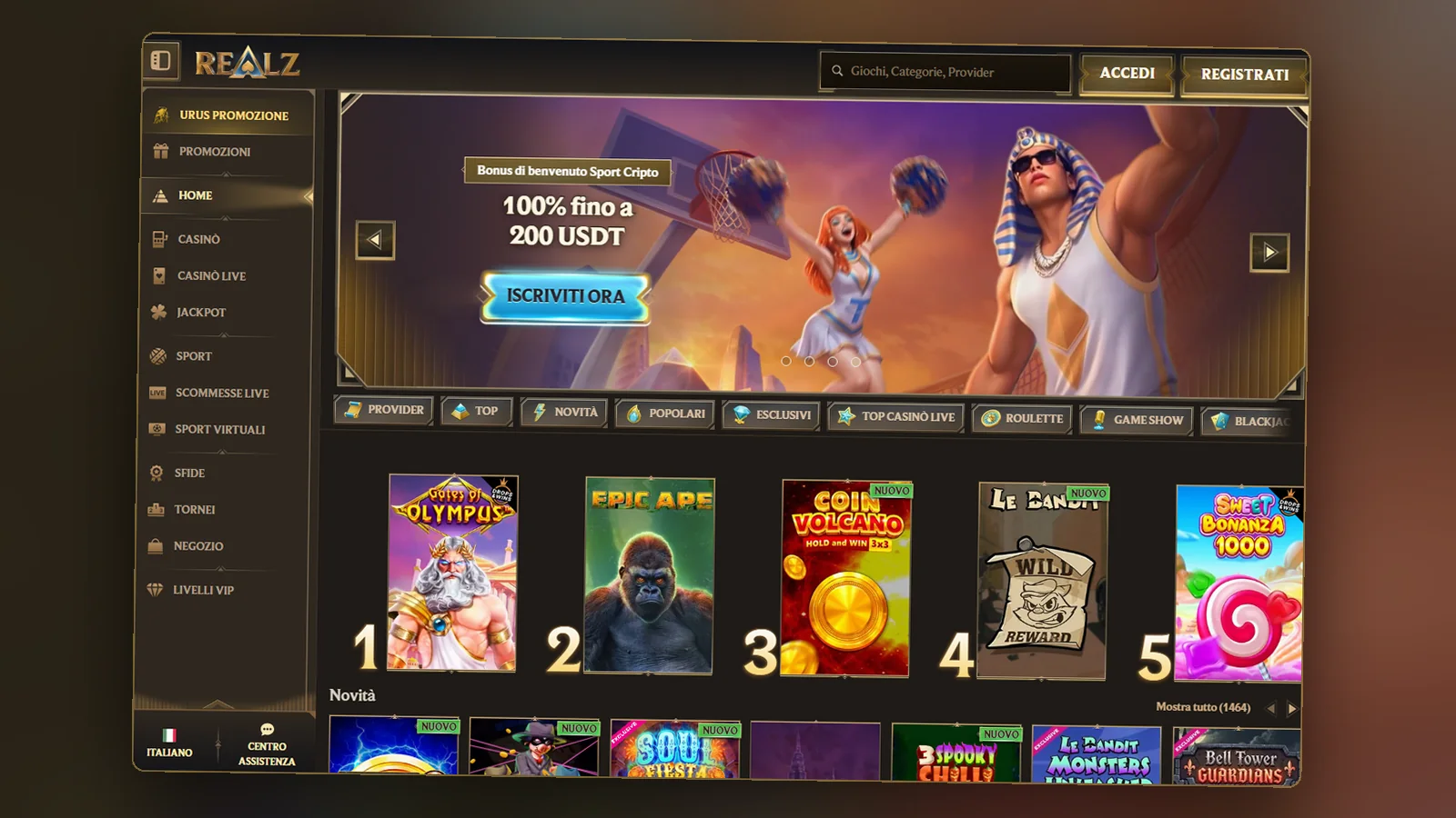 Home page del casinò Realz con il menu laterale, il banner promozionale e la fila dei cinque giochi più giocati