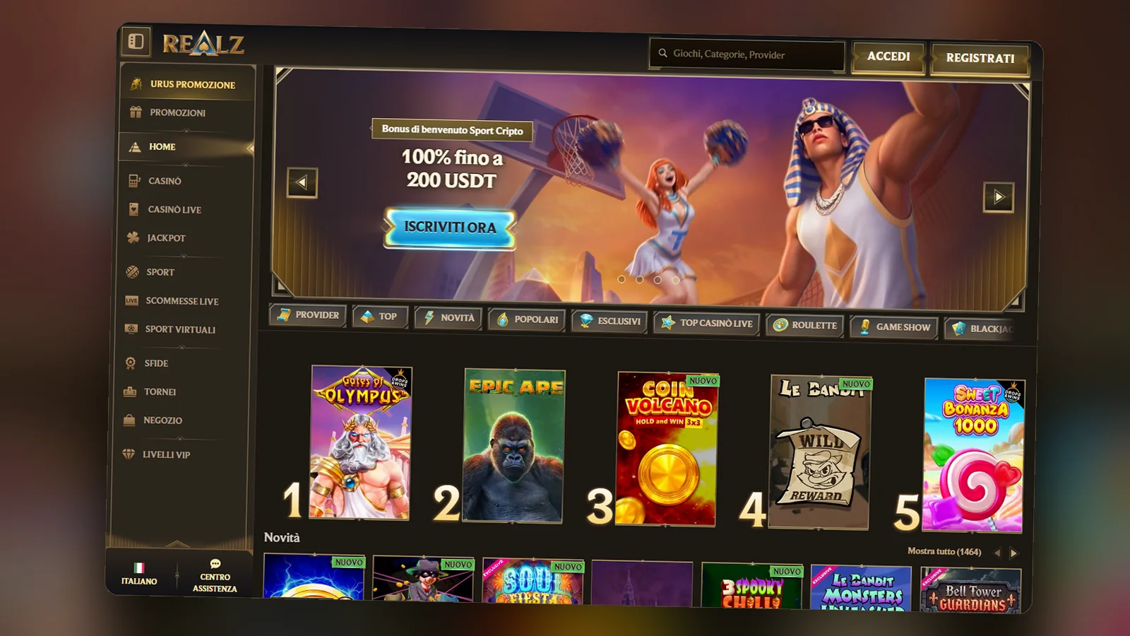 Home page del casinò Realz con il menu laterale, il banner promozionale e la fila dei cinque giochi più giocati