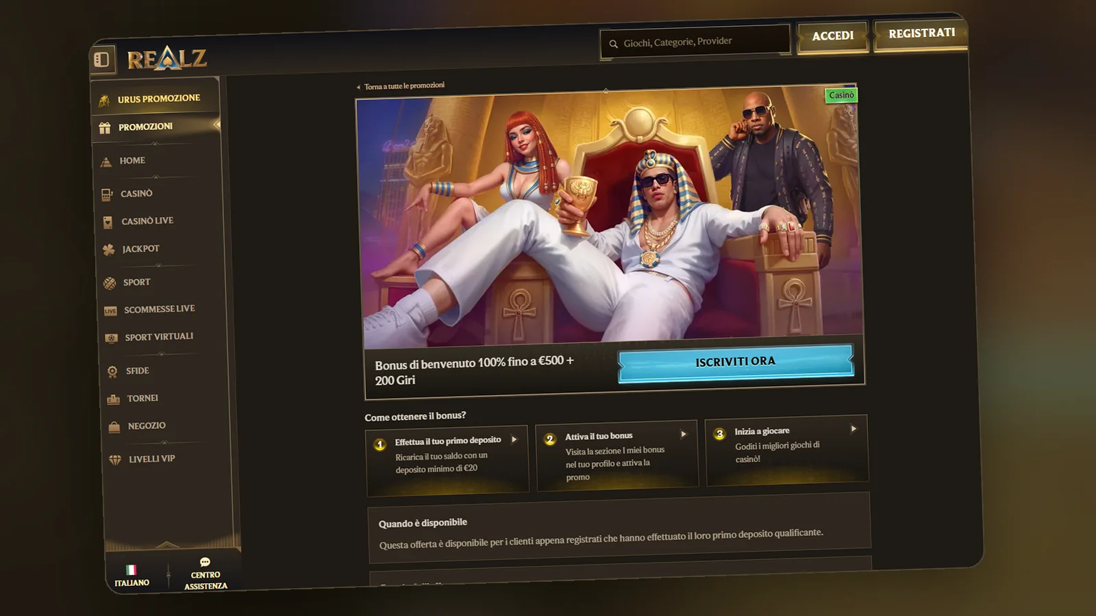 Scheda del bonus di benvenuto casinò sul sito di Realz, con il pulsante Iscriviti ora e i passi: deposito, attivazione, gioco
