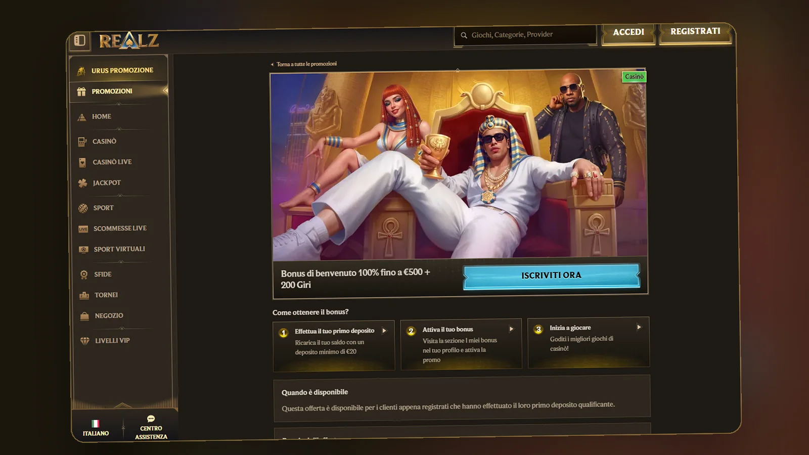 Scheda del bonus di benvenuto casinò sul sito di Realz, con il pulsante Iscriviti ora e i passi: deposito, attivazione, gioco