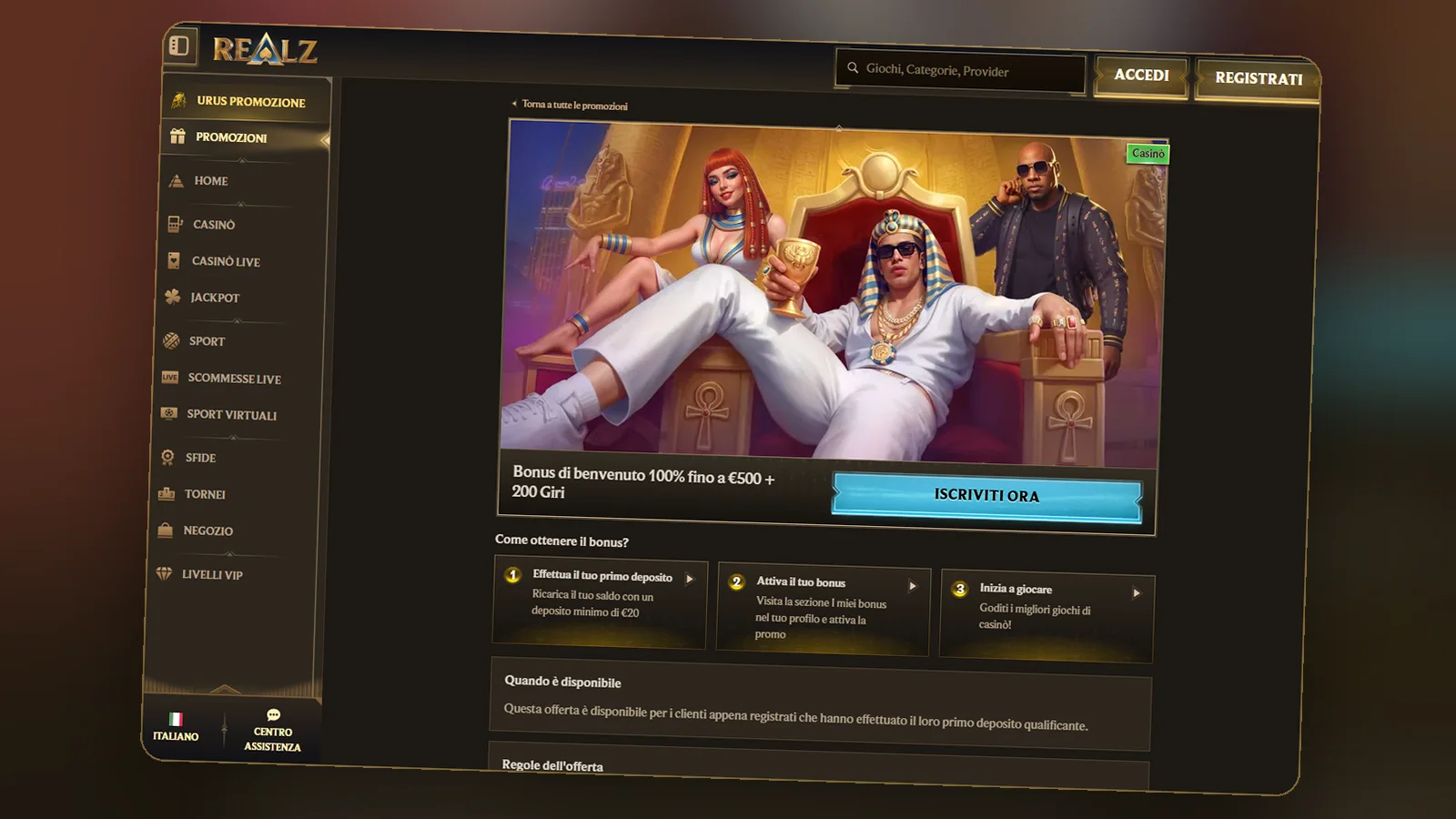 Scheda del bonus di benvenuto casinò sul sito di Realz, con il pulsante Iscriviti ora e i passi: deposito, attivazione, gioco