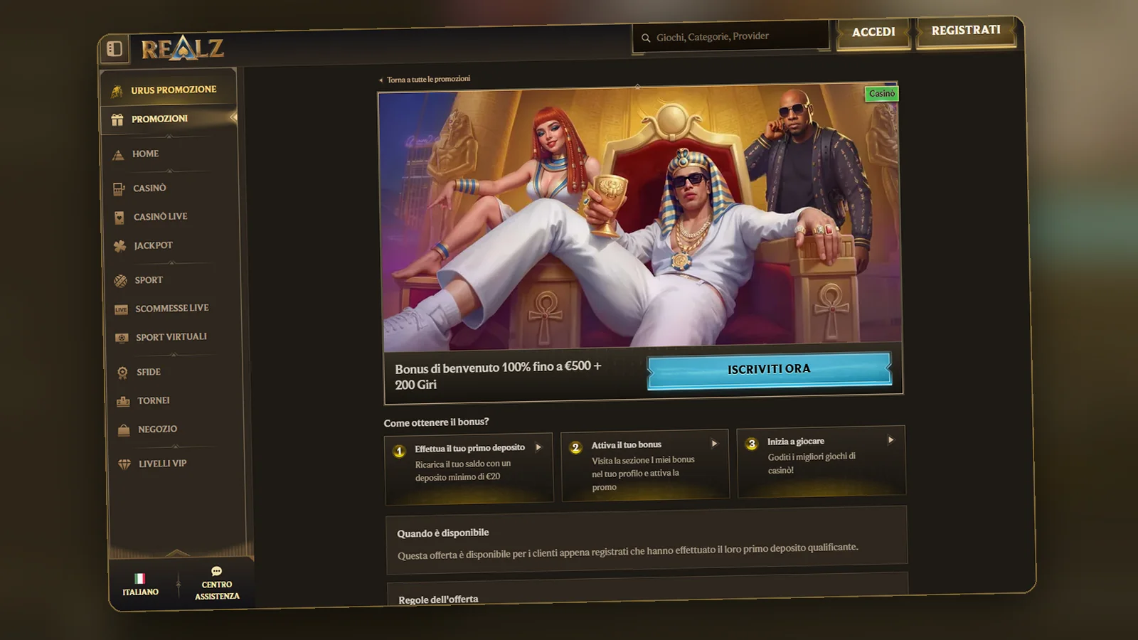 Scheda del bonus di benvenuto casinò sul sito di Realz, con il pulsante Iscriviti ora e i passi: deposito, attivazione, gioco