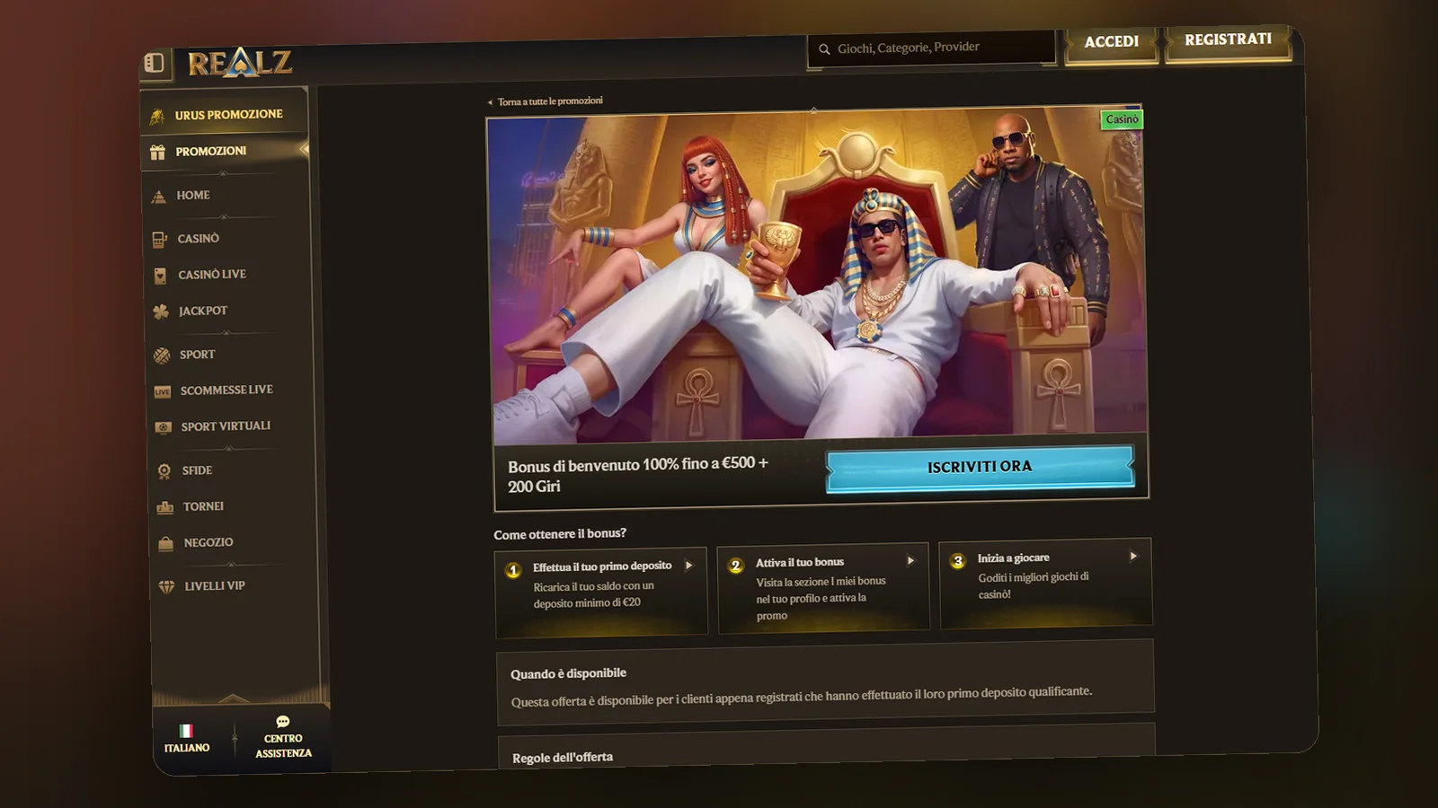 Scheda del bonus di benvenuto casinò sul sito di Realz, con il pulsante Iscriviti ora e i passi: deposito, attivazione, gioco