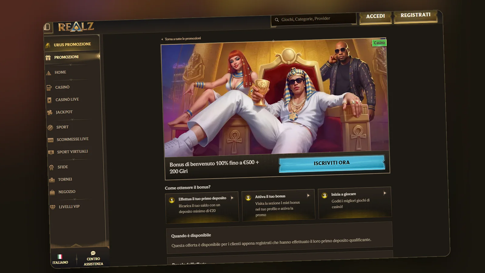 Scheda del bonus di benvenuto casinò sul sito di Realz, con il pulsante Iscriviti ora e i passi: deposito, attivazione, gioco